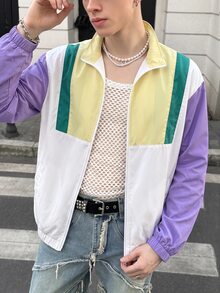 AXEPEAK 男士梭織時尚休閒寬鬆拼接開襟夾克 - 白色 - 查看 7
