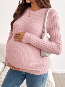 SHEIN Maternity Solid Color Round Neck Long Sleeve Ribbed T-Shirt - Pink - View 7