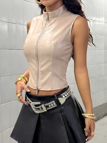 StreetHx 性感 PU 背心上衣，金屬雙拉鍊設計，修身街頭風 - 杏色 - 查看 4