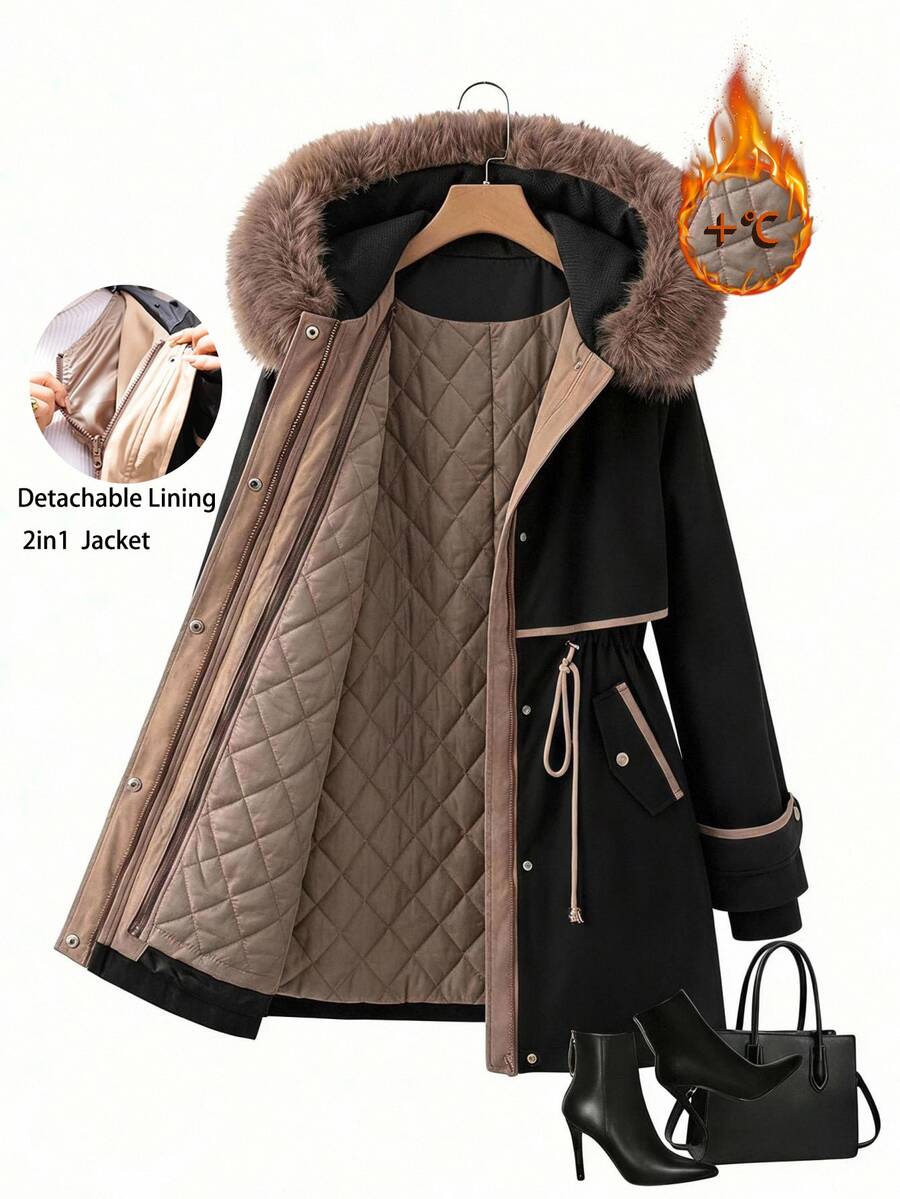 Comfylo Plus Size Women's Long Sleeve Zip-Up Hooded Jacket With Drawstring Waist - Black - View 1