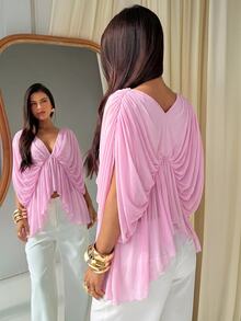 Aloruh Women's Solid Color V-Neck Batwing Sleeve Ruffle Hem Fashion Top - Baby Pink - View 2