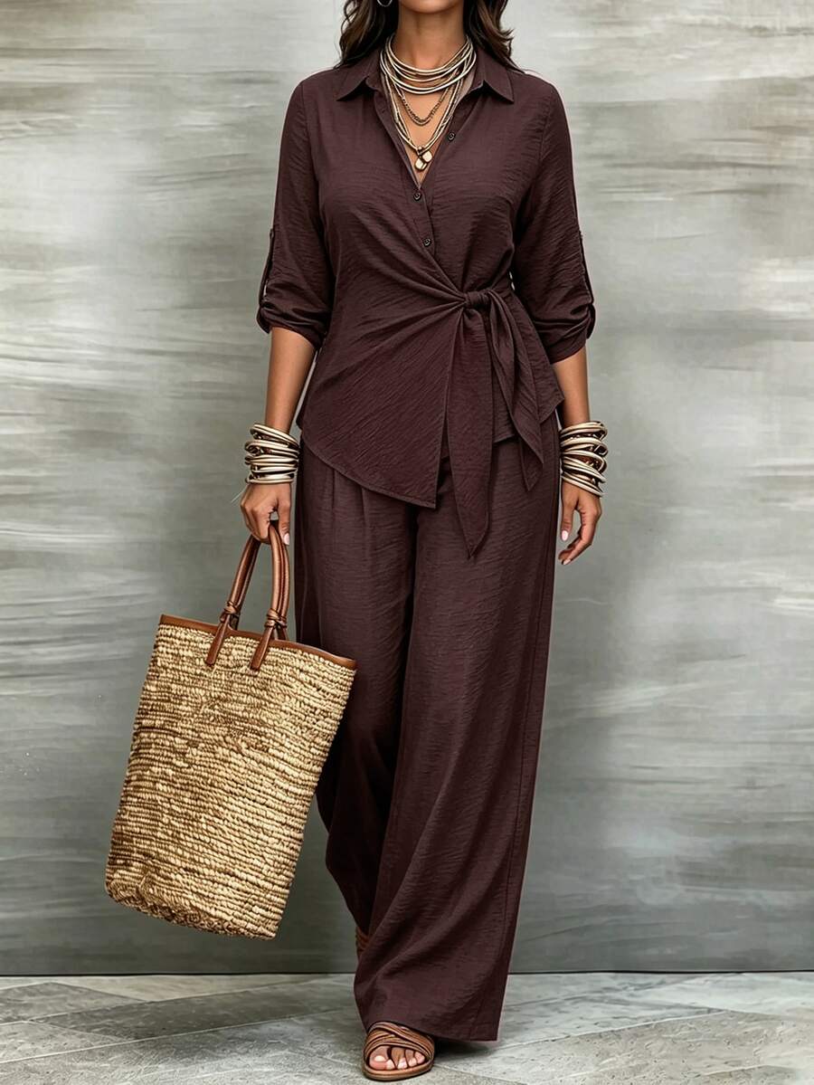 Linhara CURVE Women's Plus Size Spring/Autumn Casual Lapel Tie Waist Cinched Blouse And Loose Pants 2 Pieces Set, Suitable For Daily Wear And Office Fall - Brown - View 1