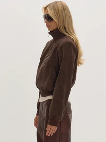 MUSEYN Brown Textured PU Funnel Neck Jacket Versatile Everyday Casual Fall - Coffee Brown - View 3