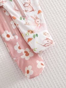 SHEIN 新生兒男嬰女嬰花卉圖案針織軟綿圓領長袖上衣與秋季長褲2件套，適合冬季，柔軟厚實面料 - 淺粉色 - 查看 4