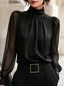 SHEIN European And American New Fashion High Neck Sexy Patchwork Semi-Transparent Long Sleeve Design Pullover Pleated Women's Blouse, Women's Spring/Autumn Top, Long Sleeve Top, Autumn/Winter Clothing, Autumn/Winter Outfit, Vacation, Outing, Y2K, Spring, Summer, Back To School, Casual, Beach, Business, Versatile, Sexy, Women's Black Blouse, Women's Commuter Top - Black - View 2