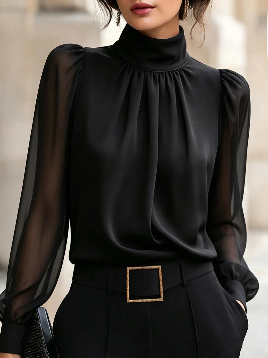 SHEIN European And American New Fashion High Neck Sexy Patchwork Semi-Transparent Long Sleeve Design Pullover Pleated Women's Blouse, Women's Spring/Autumn Top, Long Sleeve Top, Autumn/Winter Clothing, Autumn/Winter Outfit, Vacation, Outing, Y2K, Spring, Summer, Back To School, Casual, Beach, Business, Versatile, Sexy, Women's Black Blouse, Women's Commuter Top