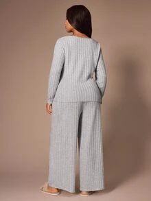 Lazeform Ultra Soft Ribbed Half-Open Collar Plus Size Women's Pajama Set Casual Loungewear - Light Grey - View 2