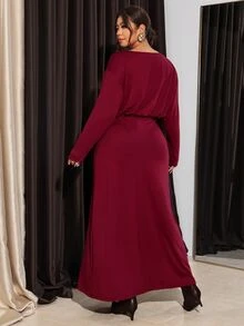 Firerie Purple-Red Autumn/Winter Waist-Cinching Flared High-Slit Long Sleeve Elegant Dress/Shoulder Metal Buckle Fall/Winter Elegant Wedding Guest Dress Women - Red Violet - View 3