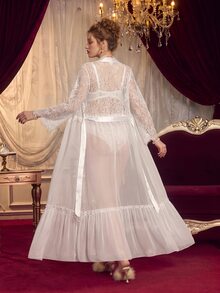 PinupPomp Plus Size Women's Contrast Lace 3/4 Sleeve Elegant Nightgown - White - View 4