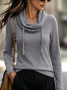 SHEIN Women's Gray Cowl Neck Ribbed Long Sleeve Tee, Slim Casual Top For Autumn Street Daily Wear Brunch - Grey - View 4
