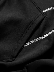 ROMWE MEN Men's Contrast Stitching Loose Fit Zip Front Hooded Sweatshirt - Black - View 5