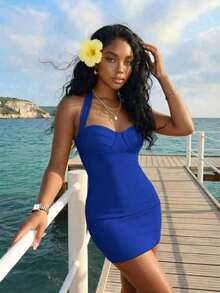 Slaydiva Women's Solid Color Shaping Fashion Halter Mini Dress - Royal Blue - View 7