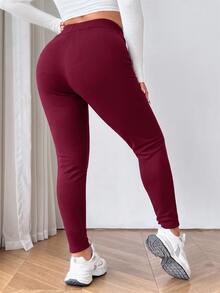 SHEIN EZwear 酒紅色大尺碼女款保暖內裡休閒內搭褲 冬季 - 酒紅色 - 查看 2