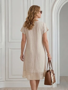 Miaspire Women's Solid Color Casual Elegant Grandma Daily Wear Spring Short Dress Formal Party Senior Beige - Khaki - View 2