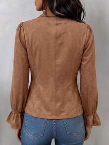 LUMIGAL Women's Autumn/Winter Long Sleeve Patchwork Lace Elegant Fashion Blouse - Brown - View 2
