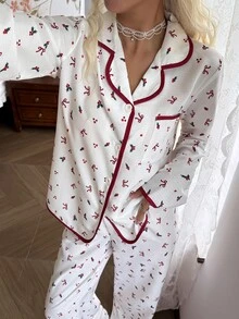 Napfluff Contrast Trim Lapel Ditsy Floral Long Sleeve Long Pants Women's Pajama Set - Apricot - View 3