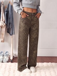 SHEIN Tall 中腰楓葉迷彩印花水洗牛仔直筒褲 - 棕色 - 查看 5