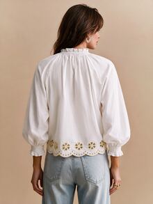 CielaLinda Women's White Embroidered Blouse, Floral Cutwork Button Front Shirt, Long Sleeve Cotton Top - White - View 2
