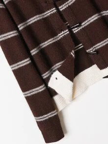 Rusticease Sweater Wanita Musim Gugur Musim Dingin Elegan Kasual Kancing Tanduk Wanita Lengan Panjang Bergaris Kardigan Rajut Pakaian Tahun Baru Atasan Bergaris Cokelat - Coklat - View 5