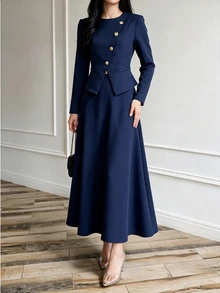 Modelyn Women Navy Two Pieces Dress Set Gold Button Asymmetric Peplum Cropped Top & High Waist A Line Flared Skirt Quiet Luxury Fall Office Wedding Guest - Blue - View 5