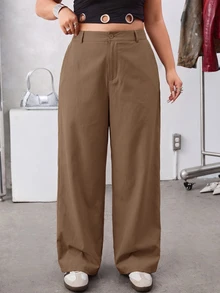 SHEIN EZwear 卡其色純色斜口袋休閒基礎大尺碼西裝長褲，秋冬款 - 卡其色 - 查看 1