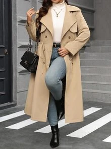 Reflora Plus Size Women's Drawstring Waist Casual Long Trench Coat Jacket, Autumn/Winter - Khaki - View 4