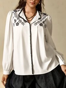 Nubod Plus Size Women's Floral Print Puff Long Sleeve Elegant Blouse - White - View 5