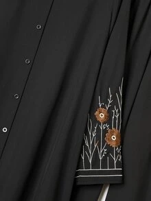 Rusticease Floral Embroidered Single-Breasted Long Shirt And Pants Set For Middle-Aged And Elderly Women - Black - View 4