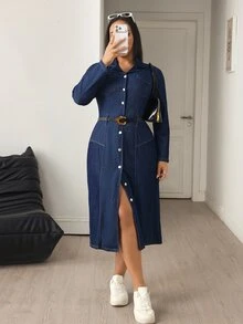 Flexra Plus Size Women's Casual Elegant Stretch Denim Dress - Dark Wash - View 6