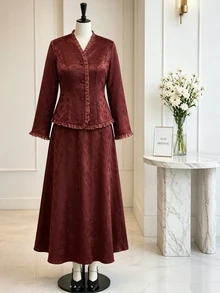 Modelyn Plus Size Women's Jacquard Frill Trim Single-Breasted Shirt And Skirt Elegant 2 Pieces Set - Brown - View 7