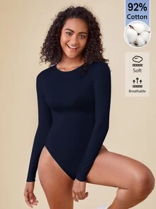SHEIN BASICS 女款純色圓領長袖休閒連身衣T恤 - 藏蓝色 - 查看 6