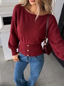 SHEIN PariChic Women's Off-Shoulder Asymmetric Pullover Sweater, Solid Red, Lantern Sleeves & Metal Button Detail, Elegant Waist-Fit For Office & Gatherings - Burgundy - View 6