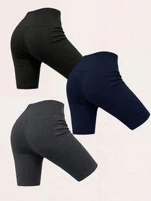 SHEIN BASICS 女款純色高腰日常健身運動短褲 - 彩色 - 查看 3