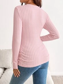 SHEIN Maternity Solid Color Round Neck Long Sleeve Ribbed T-Shirt - Pink - View 4
