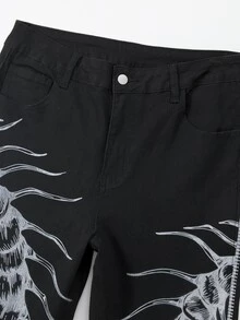 ROMWE MEN Celana Jeans Fashion Pria Avant-Garde dengan Motif Cetak dan Kantong Kancing - Hitam - View 8