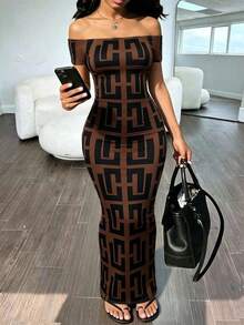 INAWLY Solva Women's Sexy Slim Fit Short Sleeve Cold Shoulder Printed Dress, Summer - Black - View 1
