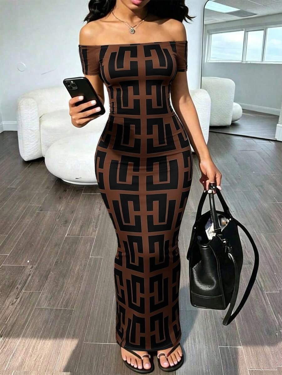 INAWLY Solva Women's Sexy Slim Fit Short Sleeve Cold Shoulder Printed Dress, Summer - Black - View 1