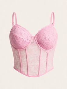 SHEIN ICON 黑色束腰式蕾絲細肩帶背心上衣 - 粉色 - 查看 1