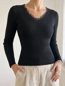 SHEIN LUNE Women's Solid Color Contrast Lace V-Neck Long Sleeve Slim Fit Sweater - Black - View 3