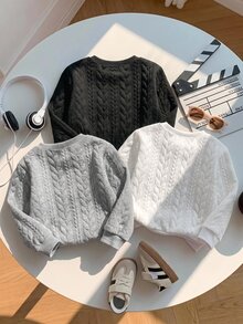 SHEIN 3件組嬰兒男童女童休閒基礎紋理針織圓領衛衣，秋冬中性嬰兒服飾，適合室內外秋季出遊與上學穿著 - 彩色 - 查看 2
