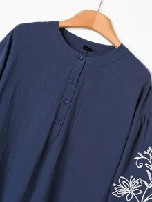Rusticease Women's Floral Embroidered Lantern Sleeve Button Half-Placket Blouse - Navy Blue - View 4