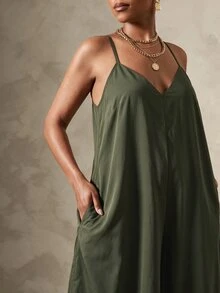 Vixey Geometric Print Woven V Neck Adjustable Cami Strap Ultra Wide Leg Flowy Jumpsuit - Army Green - View 5