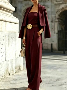SHEIN Setelan Blazer dan Jumpsuit Kaki Lebar Wanita Elegan Bergaya Vintage Baru untuk Komuter, 2 Potong - Burgundy - View 4