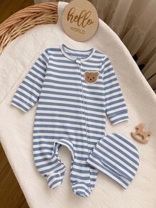 2pcs/Set Autumn/Winter Newborn Baby Romper, Fresh & Cute Blue & White Ribbed Fabric, Exquisite Cute Bear Patch, Zipper Front, Long Sleeve, Footed Crawl Suit With Hat, Home Wear - Blue - View 4