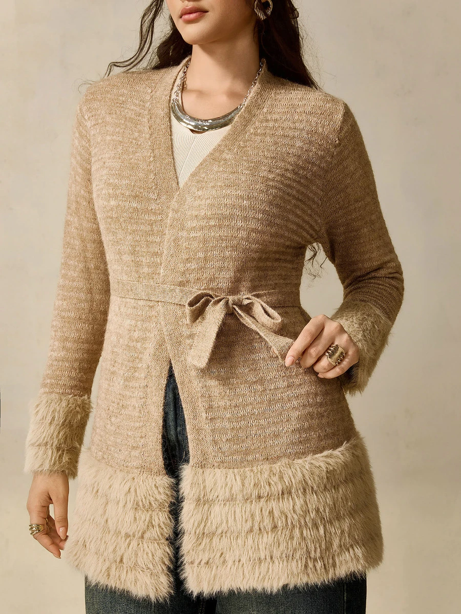 Elenzga Women's Plus Size Elegant Patchwork Faux Fur Cardigan - Camel - View 1