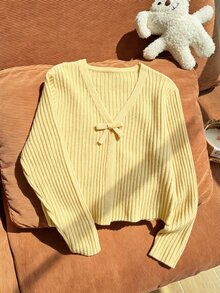 SHEIN 少女薄款蝴蝶結針織開襟衫，可單穿或作為外套，適合搭配細肩帶洋裝與上衣 - 米色 - 查看 7
