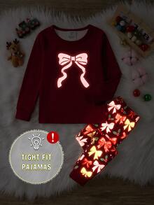 Young Girls Pajamas New Hot-Selling UV Light Glow-In-The-Dark Bow & Combination Pattern Red Round Neck High-Elastic Top With All-Over Print Long Pants 2 Pieces Set, Snug Fit, Autumn/Winter Loungewear, 1 Set - Multicolor - View 2