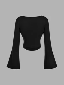 SHEIN MOD 4件組女款純色圓領喇叭袖百褶T恤 - 卡其色 - 查看 11