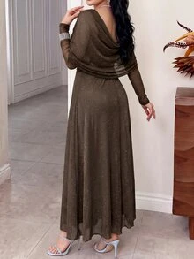 Feyla Women's Solid Color Square Neck Pleated Elegant Shiny Midi Dress - Dark Green - View 2