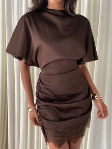 Aloruh Brown Satin Mini Dress With Lace Patchwork Hem - Coffee Brown - View 1